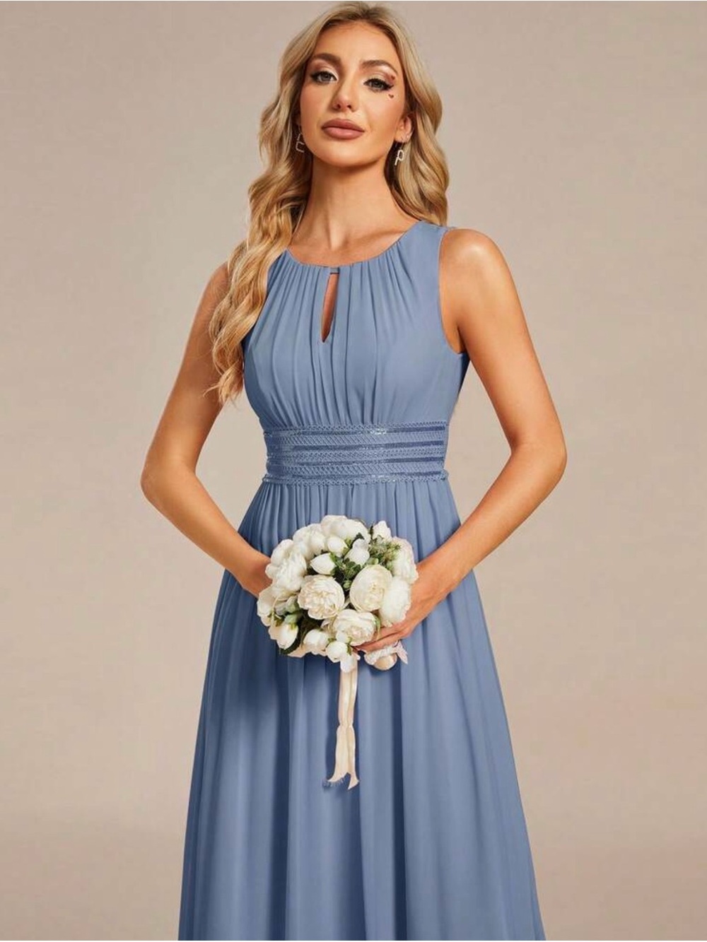 NWT Ever Pretty Elegant Dusty Blue Sleeveless Maxi Dress with Ruched Waist - Picture 2 of 3